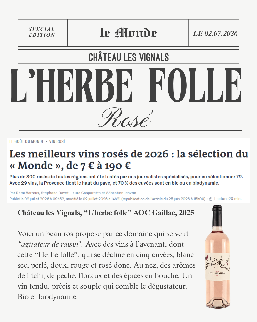 L&rsquo;Herbe Folle Rosé 2025 à l&rsquo;honneur !